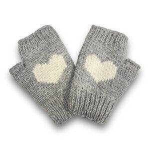 Knit Alpaca Wool Fingerless Gloves Light Gray Cream Heart Fleece Lined Texting